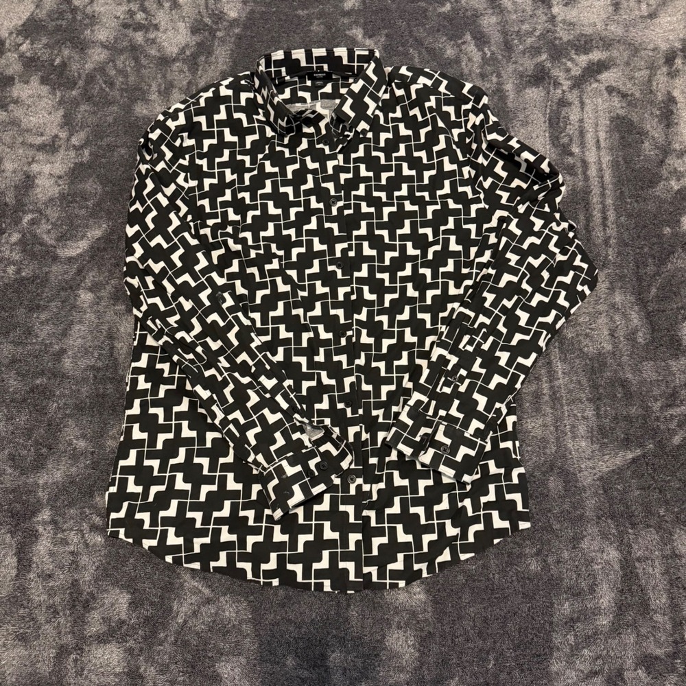 Express Slim 1MX Mens XL Black White Geometric Long Sleeve Button Up Shirt